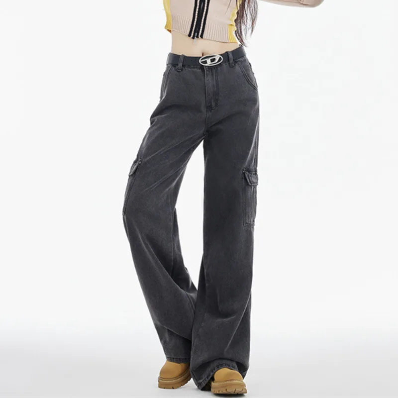 # Серые удлиненные джинсы 2011 женские свободные прямые боковые карманы уличная