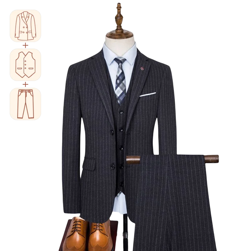 

(Jacket Vest Pants) Men's Striped Suit 3 Pieces Set British Slim Fit Party Swallowtail Men's Wedding Clothing Business Workwear