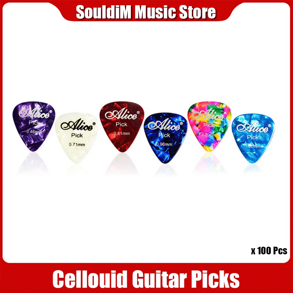 

100 шт. Alice Cellouid ABS медиаторы для гитары, медиаторы для акустической электрической гитары, медиаторы, аксессуары для гитары 0,46/0,71/0,81 мм, разные цвета