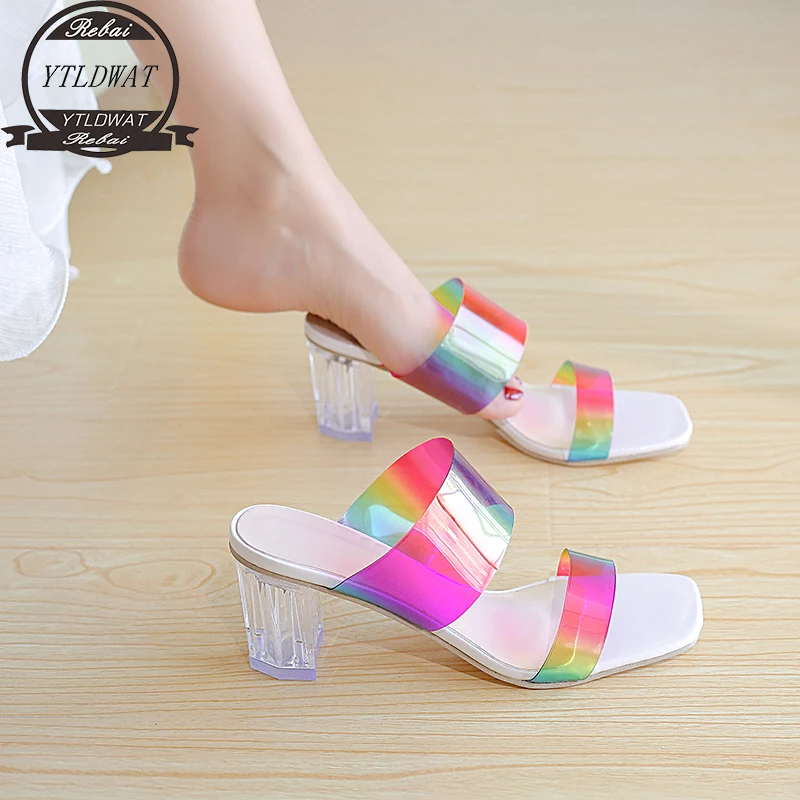 

Summer Women's Slippers Thin High Heels Ladies Plus Size Colorful Square Toe Party Sexy Fashion Female 2022 New PVC