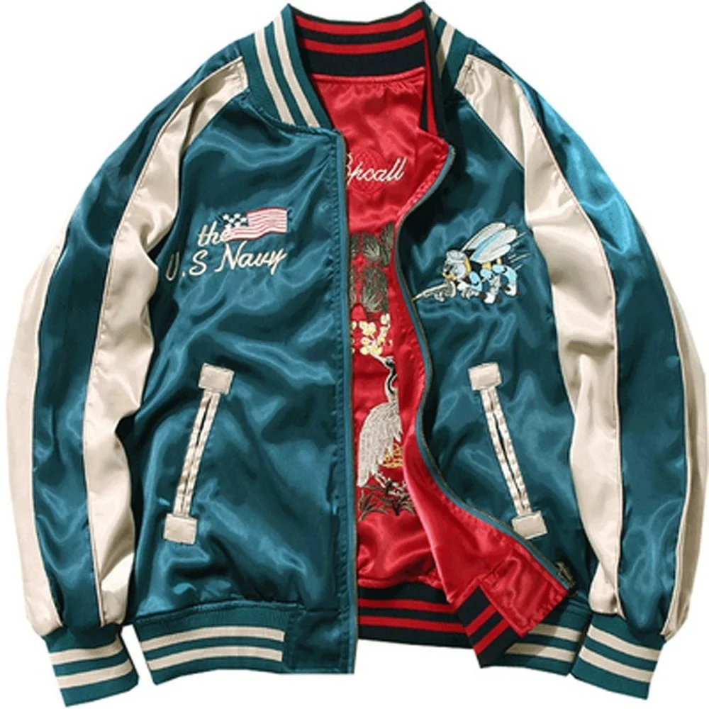 

Zippers Mens Womens Embroidery Bomber Jackets Satin Reversible Baseball Coats
