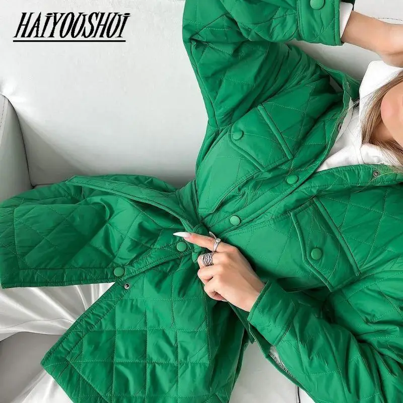 Plaid Quilted Jacket Women Loose Thin Puffer Parkas Coat Vintage Belted Outwear Autumn Winter Ladies Oversize Coat