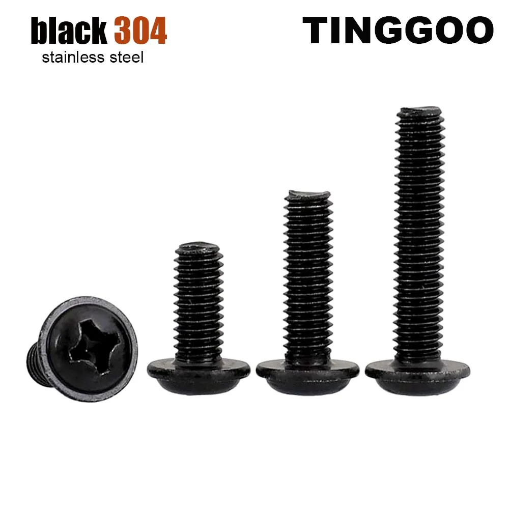 

5/50 шт. M2 M2.5 M3 M4 M5 M6 Черный болт из нержавеющей стали с крестообразным шлицем и круглой головкой с шайбой, винт с мягкой подкладкой из ШИМ