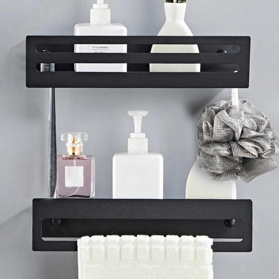 

Space Aluminum Bathroom Rack Matte Black Kitchen Rectangular Shelf Shampoo Soap Storage Towel Holder Bathroom Shelves Organizer