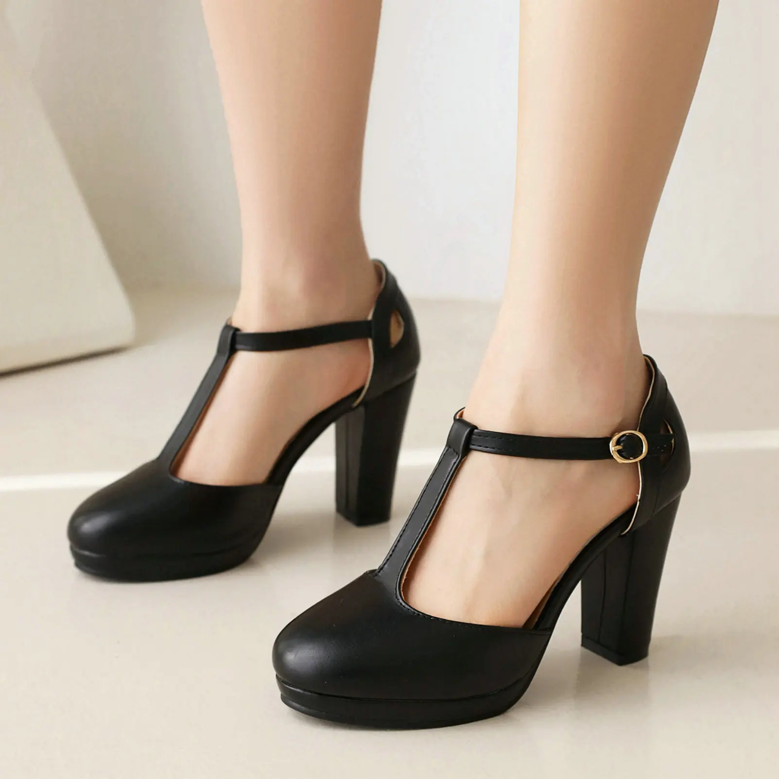 Eokkar T Strap Pumps Block High Heel Ankle Strap Pumps for Women Block High Heel Shoes Platform Closed Toe White Pumps