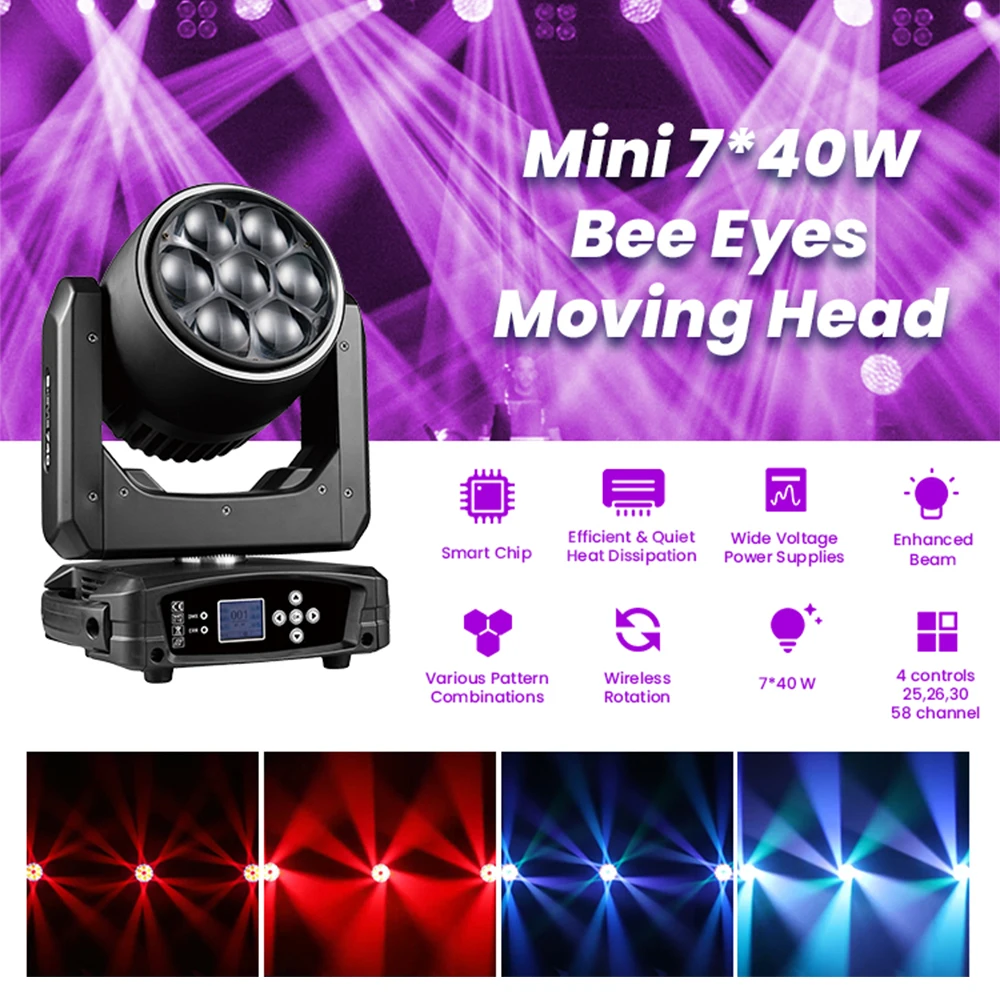 Фото Светодиодный прожектор 7X40W Bee Eye Moving Head Zoom Wash Light RGBW с эффектом луча 350W, мобильный, с полосой светодиодов, DMX512, для дискотек, сцены, свадеб и мероприятий. №2