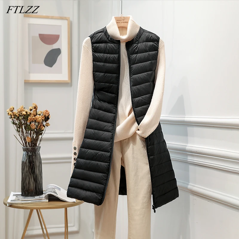 FTLZZ зимний женский ультра-светильник куртка с круглым воротником на молнии белый пуховик средней длины жилет верхняя одежда 4XL размера плюс ... от AliExpress RU&CIS NEW