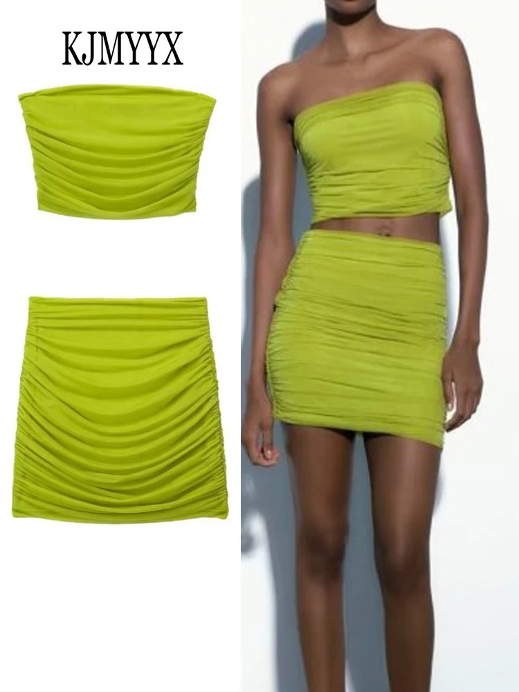 

KJMYYX 2 Piece Skirt Sets Women Women With Ruched Skinny Bustier 2023 Sexy Backless Sleeveless Strapless Crop Top Female Tanks