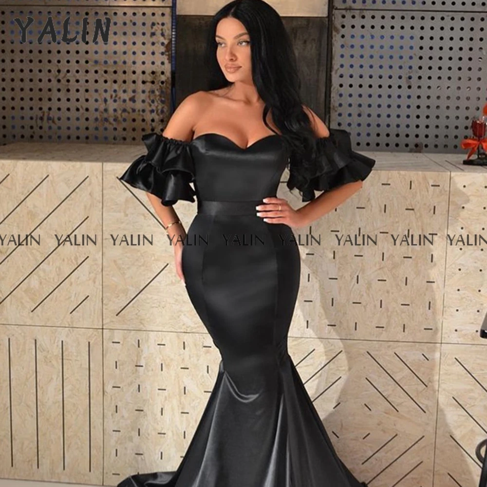 

YALIN Off The Shoulder Sweetheart Neck Evening Dress Long Sexy Mermaid Prom Grown Satin Floor Length Black فساتين سهرة