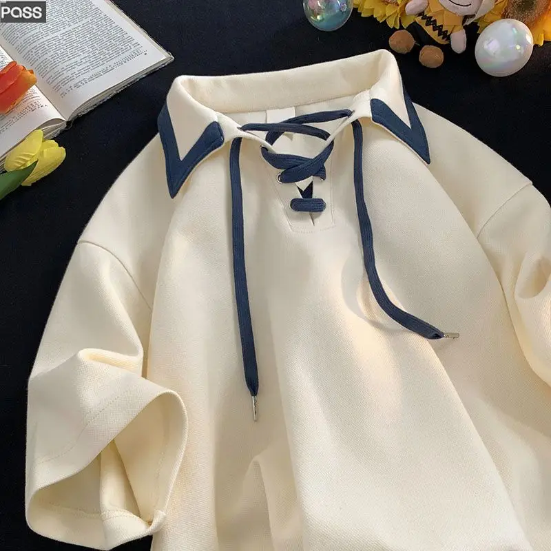 

Summer New Solid Color Loose T Shirt Tops Polo Neck Short Sleeve All-match Pullovers Vintage Fashion Women Clothing