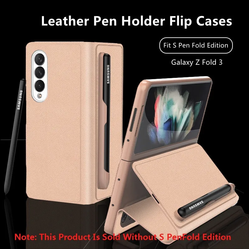 

Plain Leather Pen Holder Cover For Samsung Galaxy Z Fold 3 Case With Pen Slot Fold Stand Suction Protective Case For Samsung W22