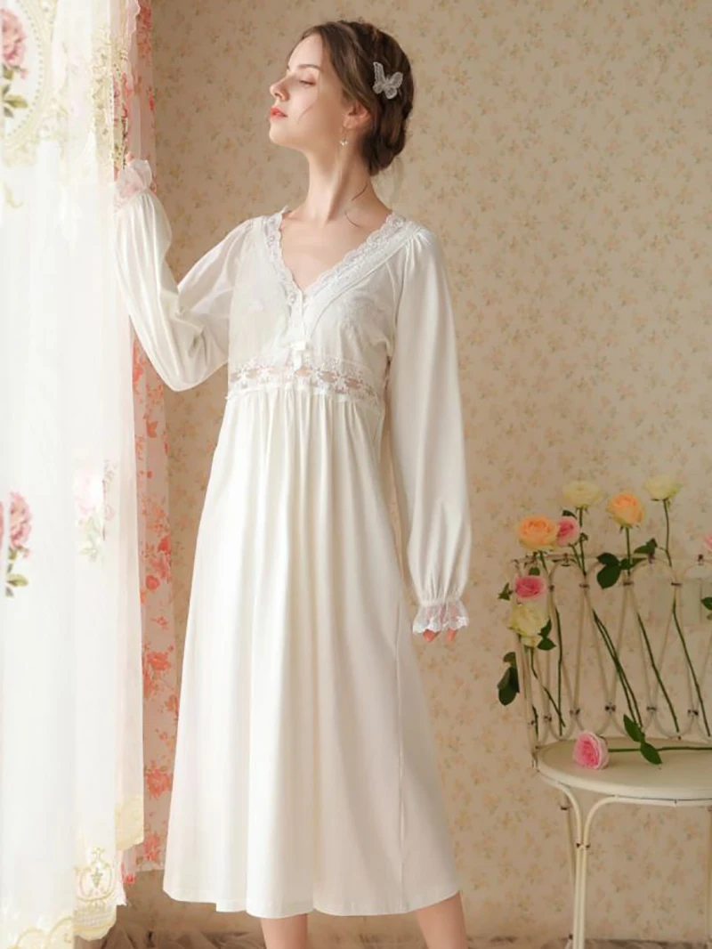 Women Spring Lingerie Cotton Lace Fairy Sweet Princess Sleepwear Ruffles V-Neck Embroidery Robes Vintage Victorian Nightdress