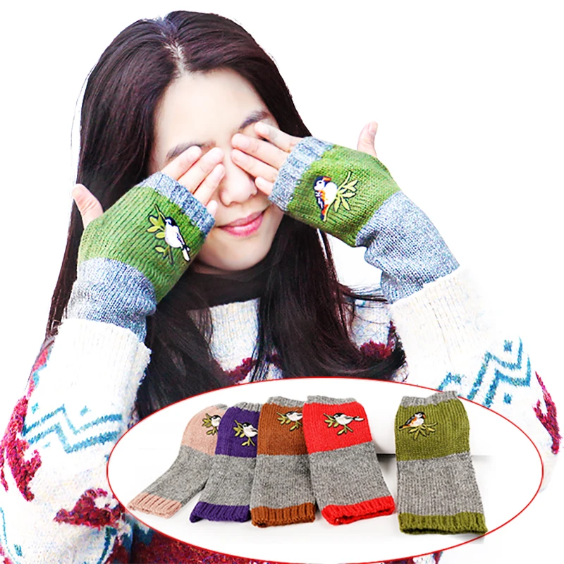 

Embroidery Birds Knitted Gloves Tube Fingerless Mittens for Women Wool Knitting Block Splice Glove Girls Gloves Without Fingers