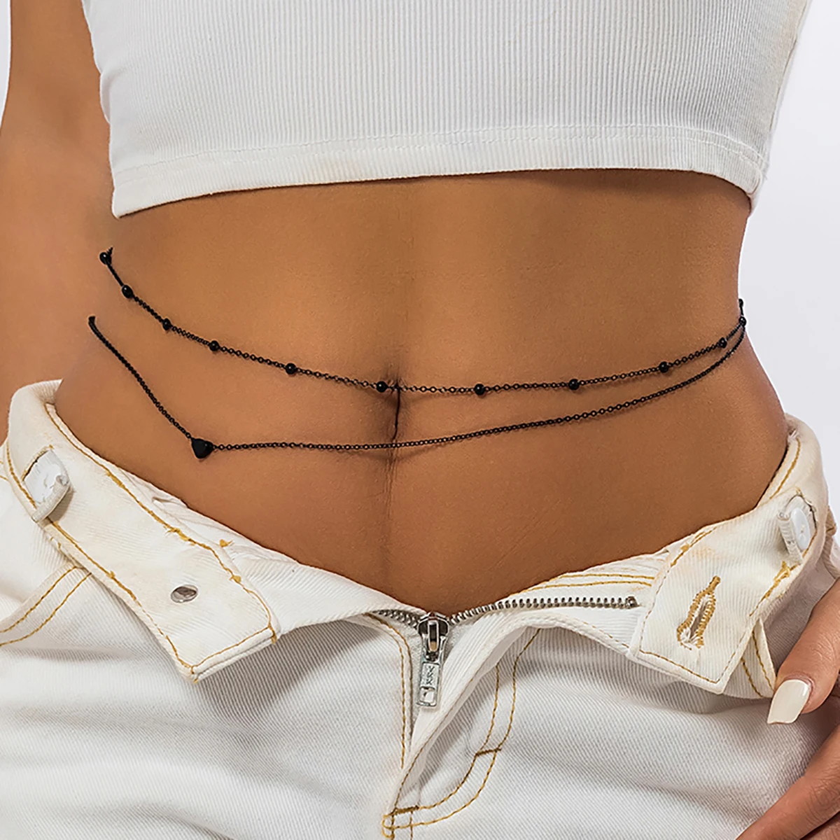 

Salircon Gothic Black Paint Double Layer Metal Waist Chain For Women Trendy Iron Bead Belly Chain Sexy Punk Summer Body Jewelry