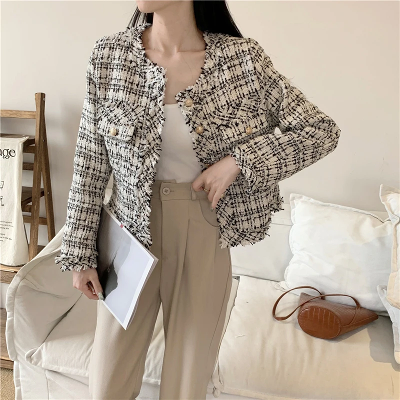 Женская твидовая куртка с бахромой однобортная короткая длинным рукавом и