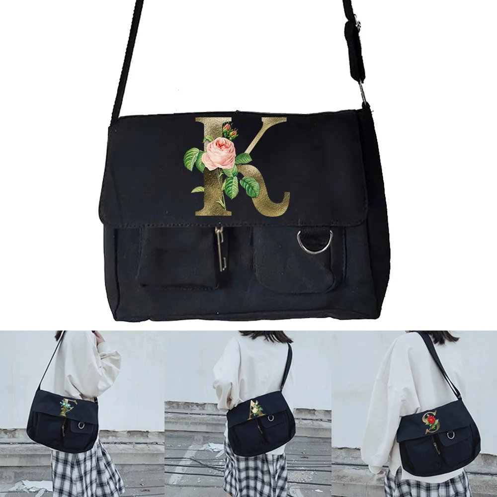 

Messenger Bags Women’s All-match Shoulder Crossbody Bag Golden Flower Print Organizer Casual Version Canvas Hook Up Postman Case