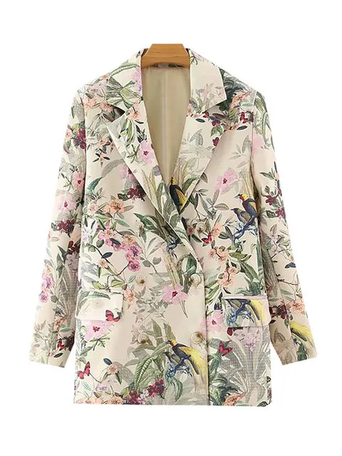 Fashion Women Office Wear Floral Print Blazer Coat Vintage Long Sleeve Pockets Female Outerwear Chic Tops