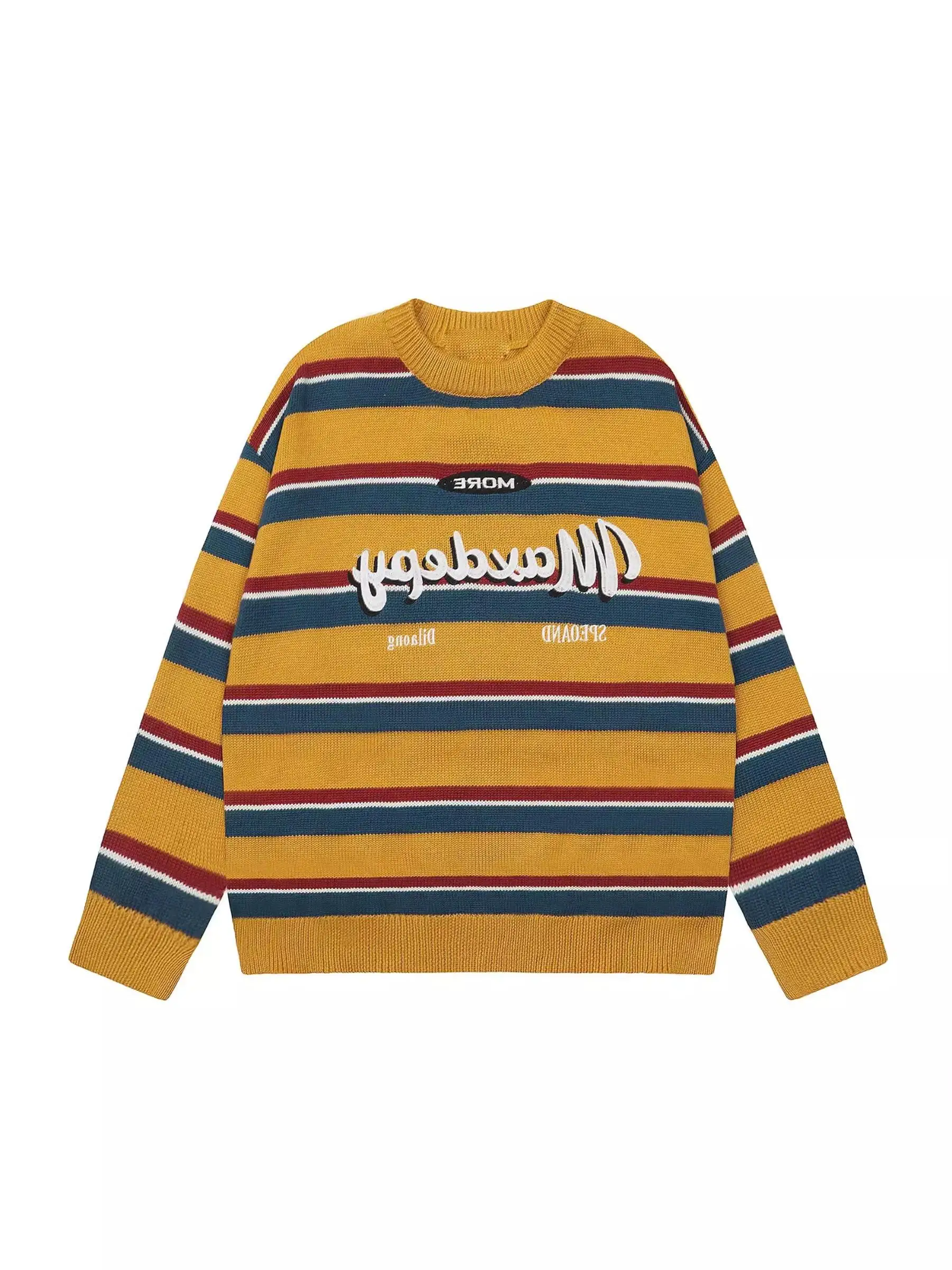 American Fashion Brand Retro Letters Contrast Color Stripe Round neck sweater Men's and Women's Autumn Winter Lazy Loose ...