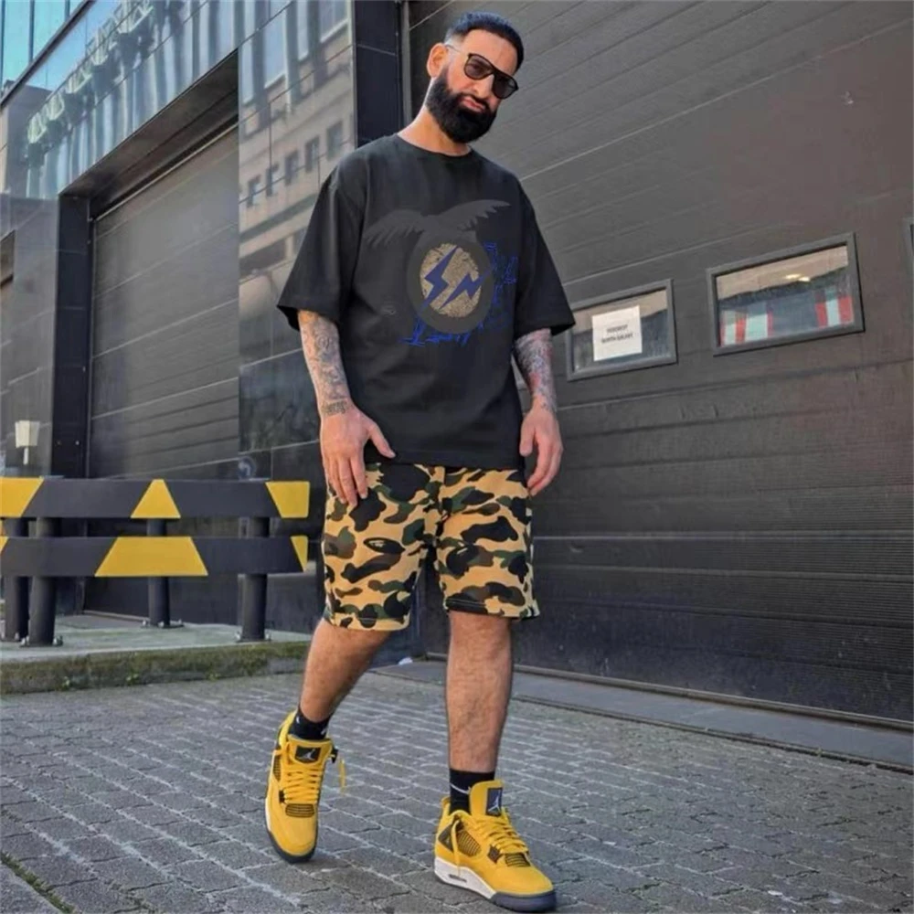 

Summer Travis Scott Fujiwara joint name TS lightning Eagle print men and women leisure loose high street round neck t-shirt men