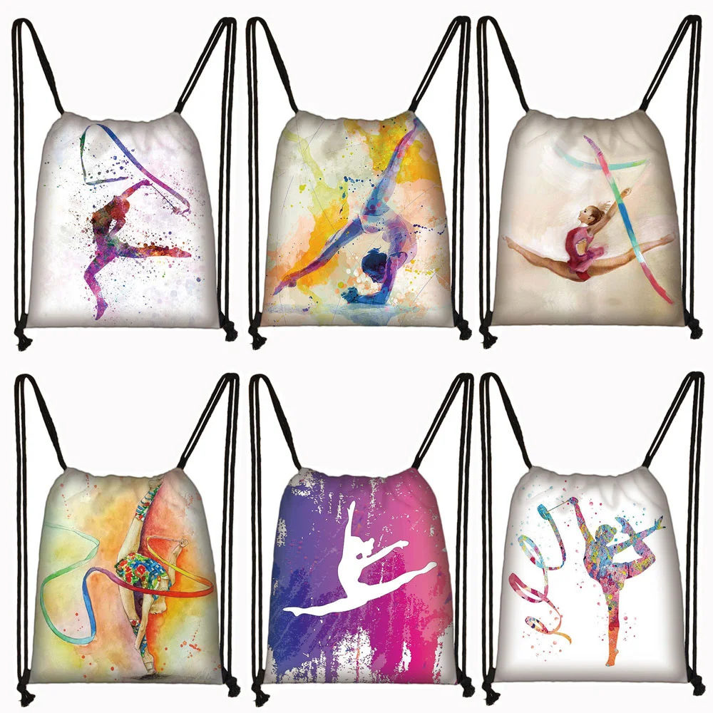 

Watercolor Gymnastics Art Print Backpack Women Drawstring Bags Girls Daypack Gymnast Storage Bag for Travel Shoes Holder Gift
