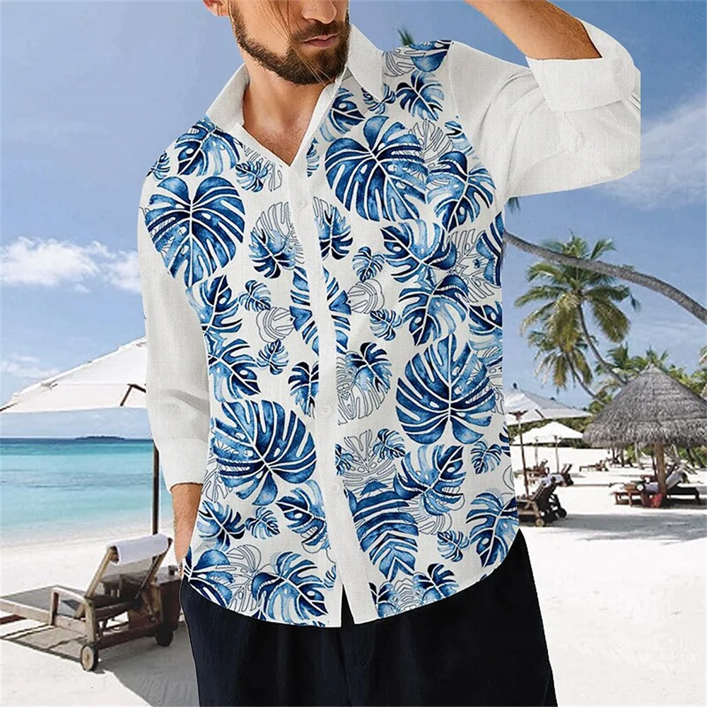 Summer Men's Shirt Plant Print Slim Fit Loose Lapel Long Sleeve Fashionable Casual Gentleman Hot Sale Club High Quality Top Soft