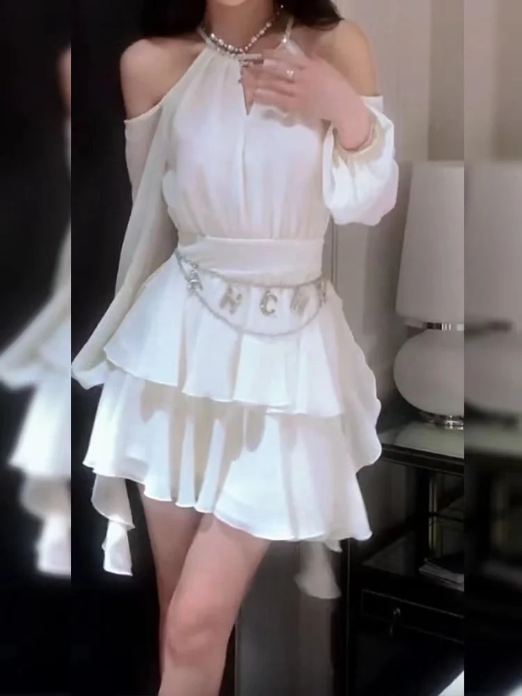 

2023 Summer Women's White Dress Neck-mounted Long Sleeves Korean Fashion Suspender Irregular Chic Design Tiered Short Dresses