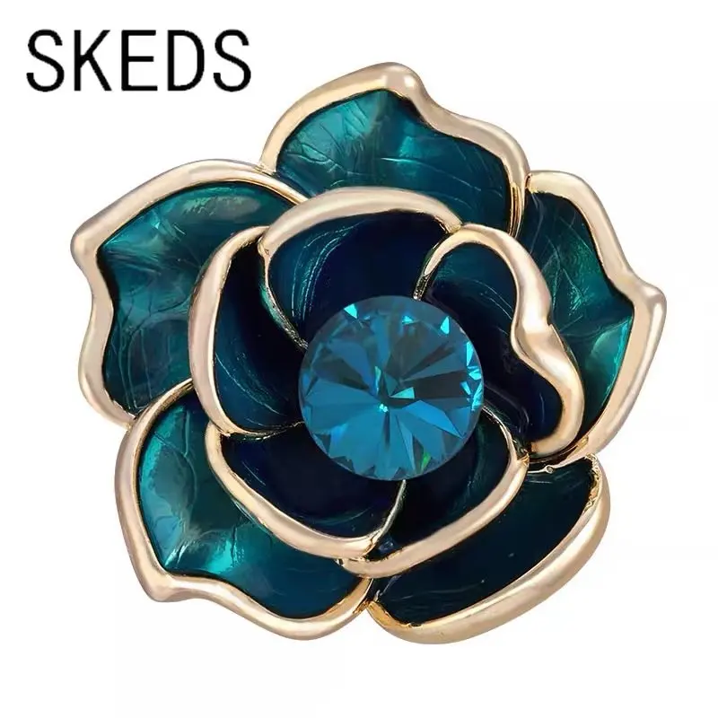 

SKEDS Elegant Women Lady Camellia Blue Color Pearl Crystal Enamel Brooches Pins Fashion Classic Party Wedding Badges Corsage