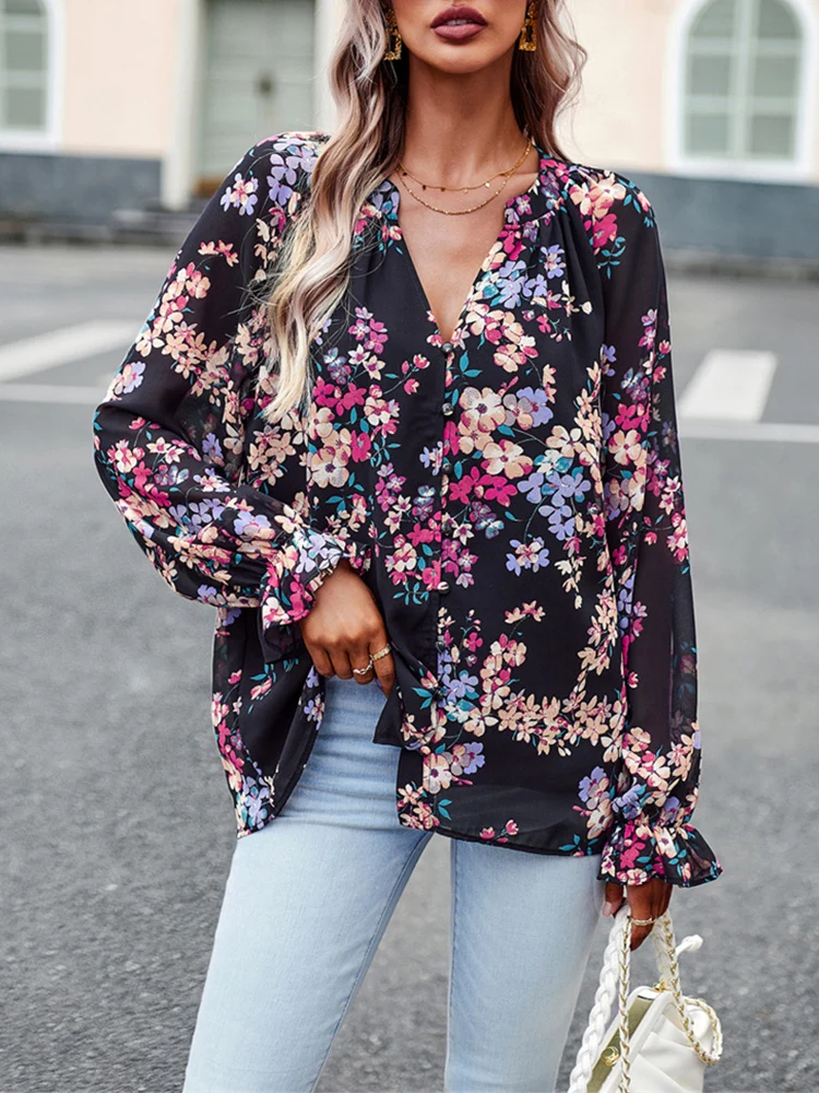 Блузка женская с цветочным принтом элегантная однобортная рубашка в стиле бохо