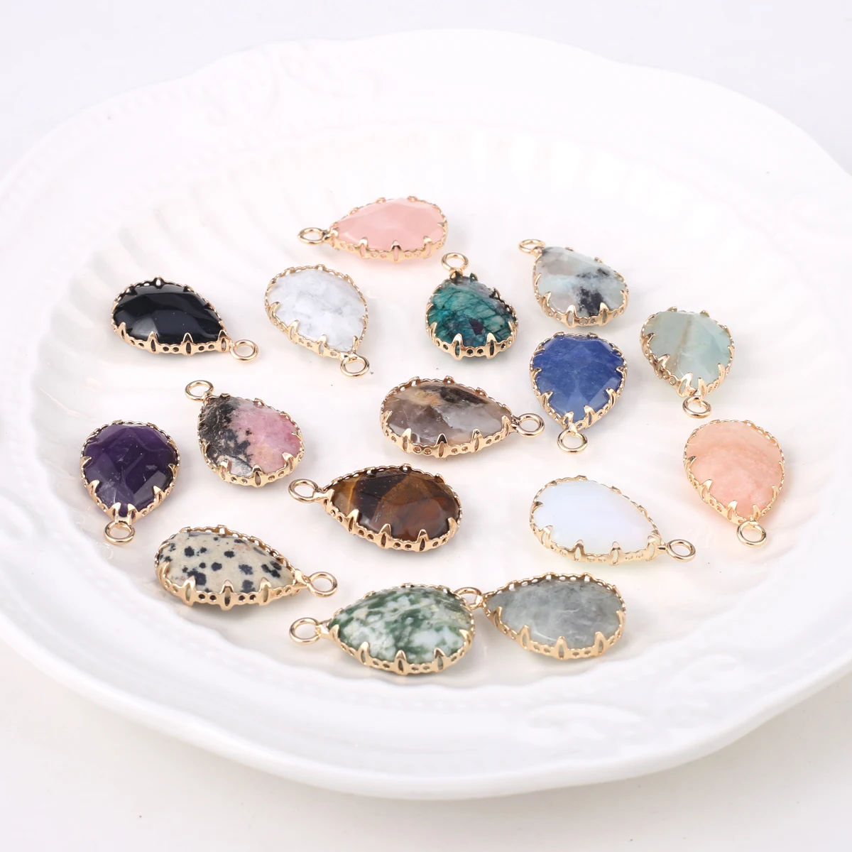 

Natural Stone Pendants Water Drop Gold Plated Amazonite Tiger Eye for Jewelry Making Diy Women Necklace Earring Gifts