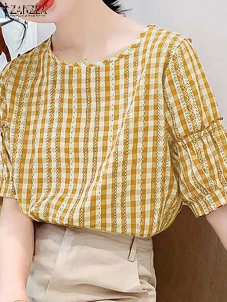 Летняя Блузка ZANZEA женские элегантные топы в клетку с рукавами-фонариками