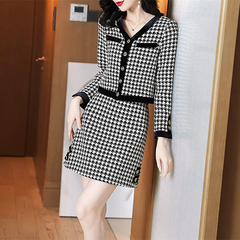 Women 'S Houndstooth Vintage Jacket Outfits 2023 Autumn Winter Single Breasted Cropped Coat+Mini Skirt Two Peice Suit Plus Size