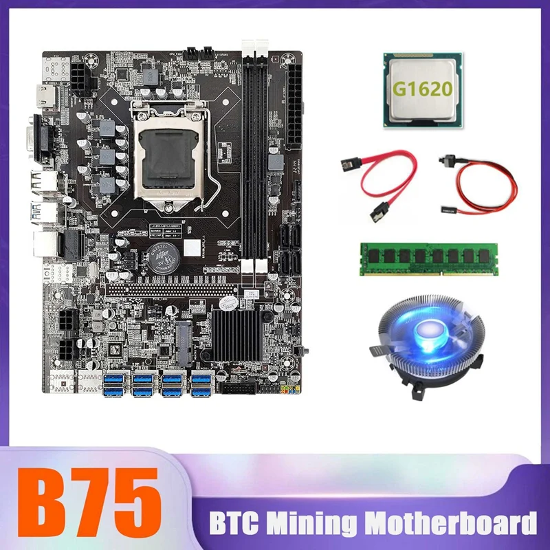 

Материнская плата B75 BTC Miner 8xusb + G1620 CPU + DDR3 4G 1333 МГц ОЗУ + вентилятор охлаждения процессора + кабель SATA + кабель переключения