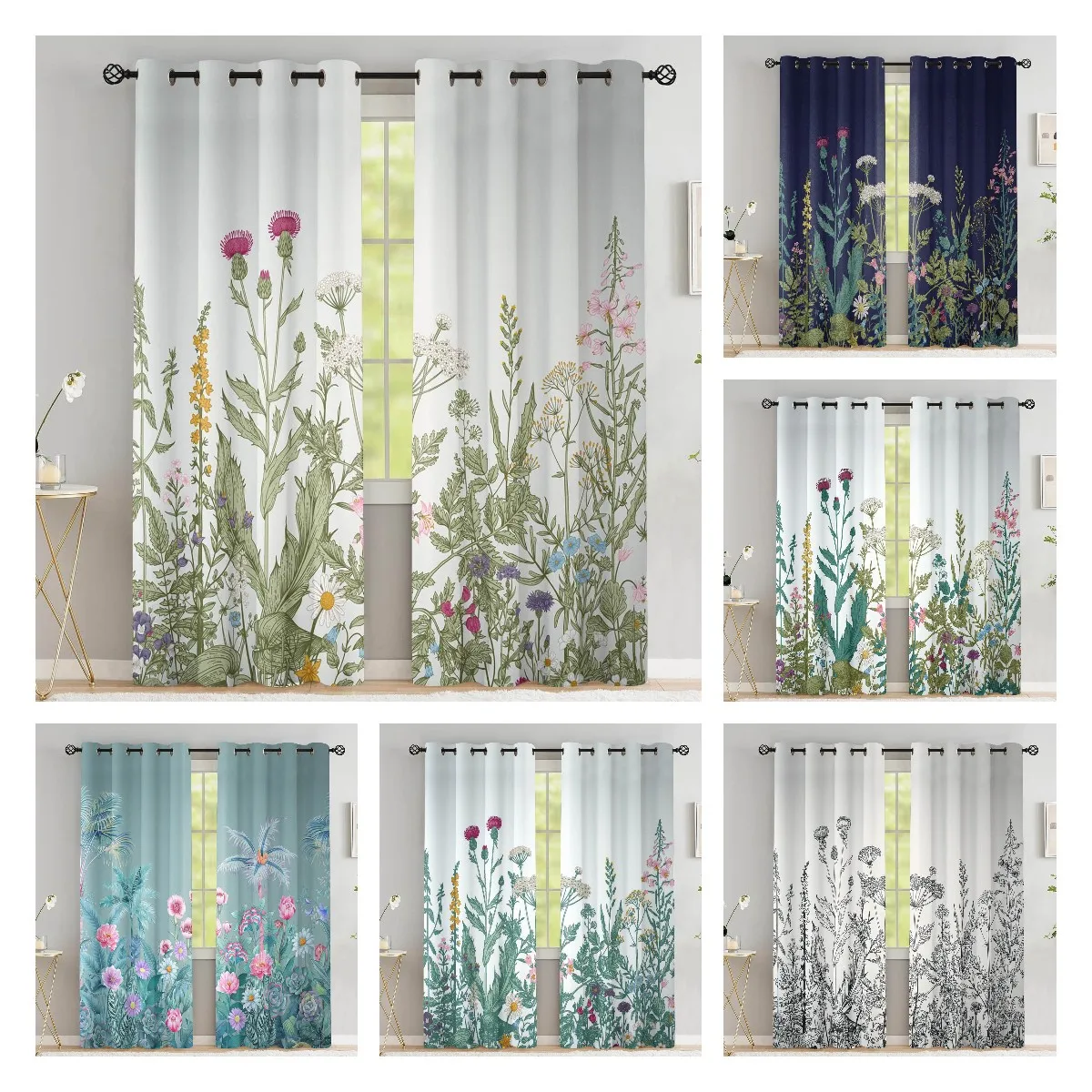 

Flower Curtains Black White Leaf Curtains for Bedroom Floral Plant Herbs Nature Classic Luxury Curtains for Living Room 2 panel