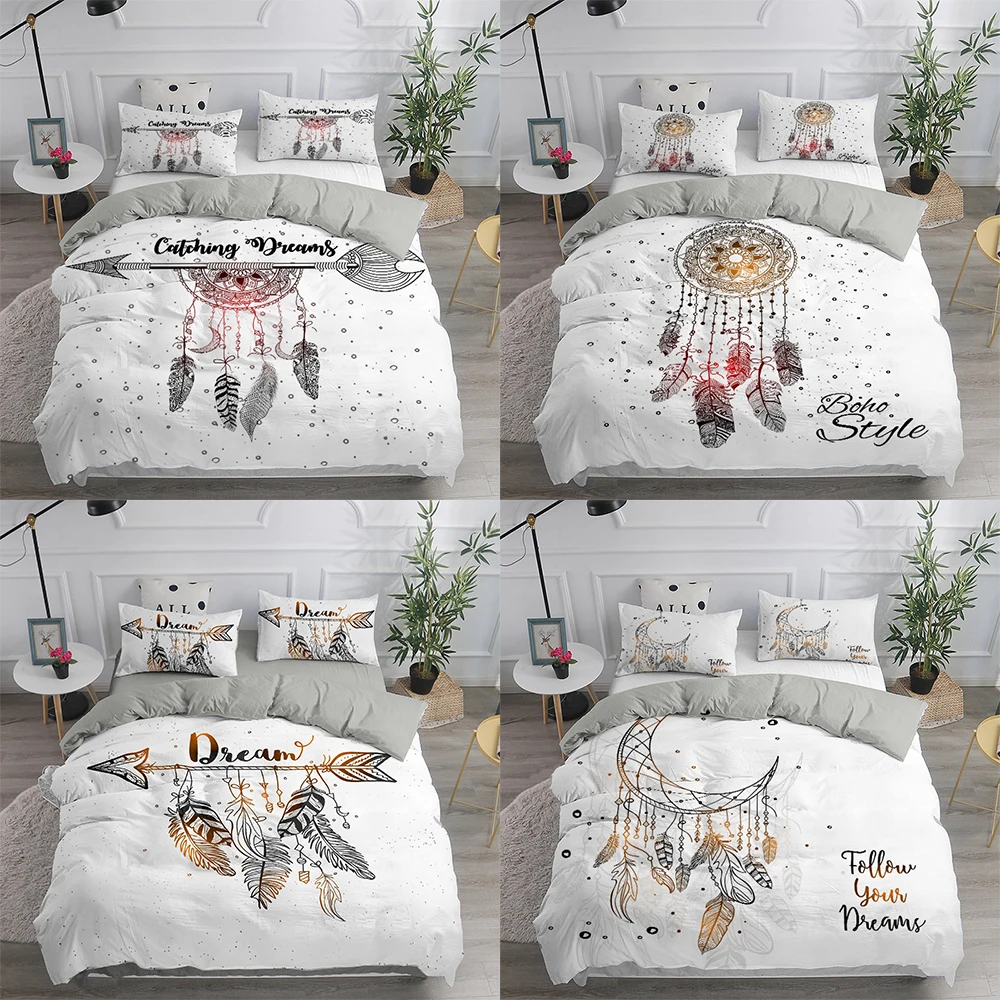 

Bohemian Feather Pattern Bedding Set 2/3pcs Full Queen King Size Dream Catcher Microfiber Quilt Cover For Teens Bedroom Decor