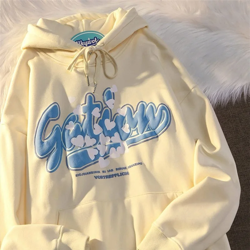 

Женские толстовки в стиле преппи, свитшот, пуловеры с длинным рукавом и капюшоном, одежда для подростков, кремово-желтая Толстовка большого ...