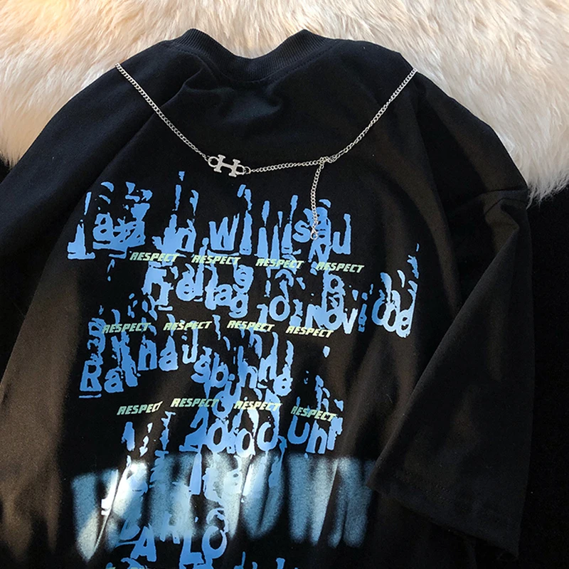 

Cotton Vintage High Street Women Men Y2k Tops Chain Short-sleeved T-shirt Women's Streetwear Top Harajuku Loose Tees