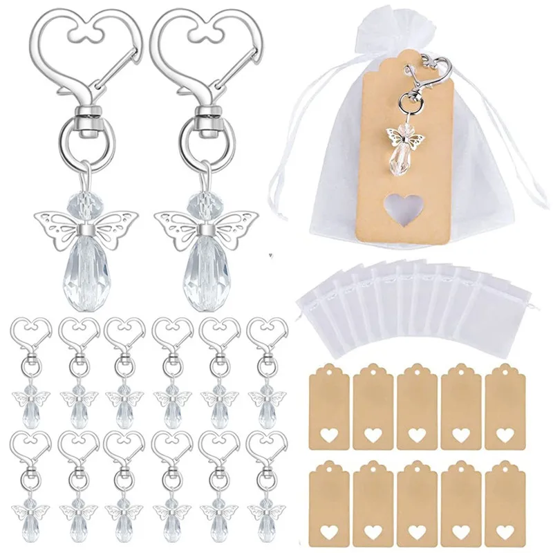 10pcs/set Baby Shower Crystal Angel Wings Keychain Pendant Guest Gift Party Appreciation Tag Candy Bag Gender Reveal Kids Gift