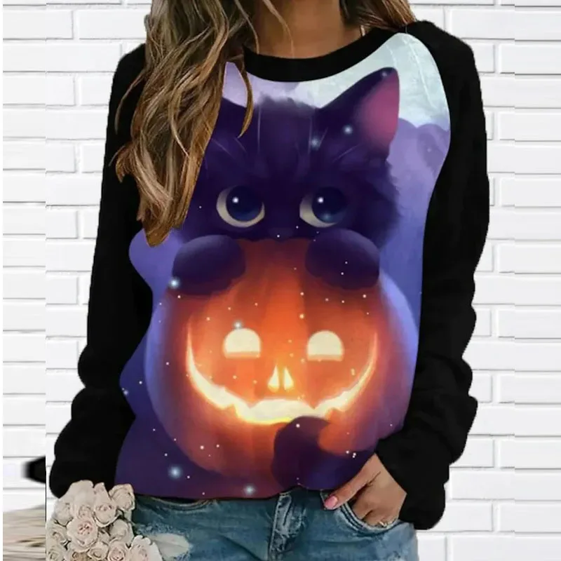 

Casual Autumn Winter Crew Neck Pullovers Top 3D Print Christmas Sweatshirts Vintage Cartoon Loose Long Shirts and Blouses Women