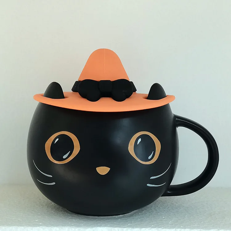 

Керамическая чашка с изображением черной кошки, таинственное матовое покрытие для Хэллоуина с ручкой и крышкой, кружка, кофейная чашка