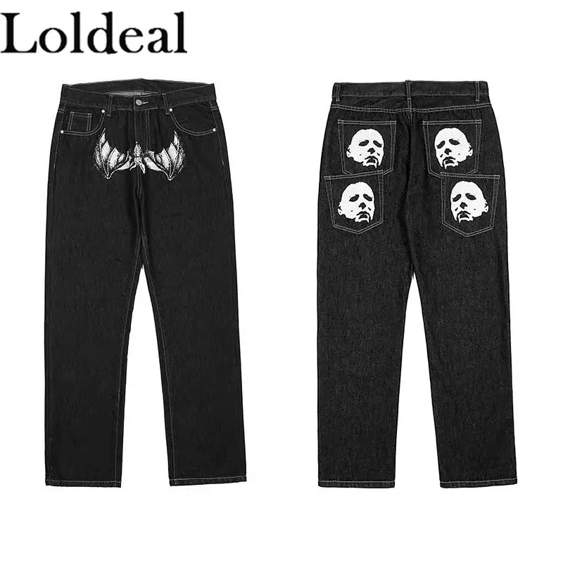 

Джинсы мужские с принтом в стиле хип-хоп, мешковатые прямые брюки из денима, модная уличная одежда в Корейском стиле, черные, Y2K, весна