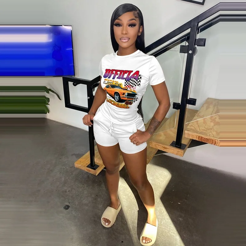 

White Car Letter Print Fashion 2 Piece Set Women O-neck Short Sleeve Loose Casual Tops and Shorts Sport Leisure Suit Summer 2022