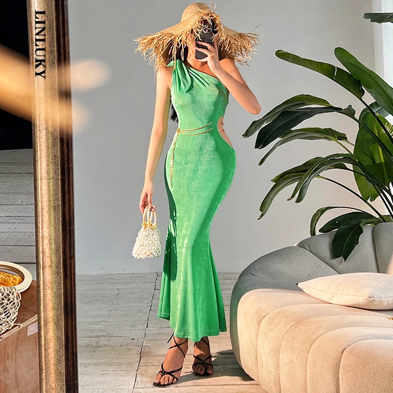 

Женское ажурное платье с цепочкой, Летнее Длинное Платье с косым плечом, соблазнительное темпераментное Клубное платье для вечеринки, женс...