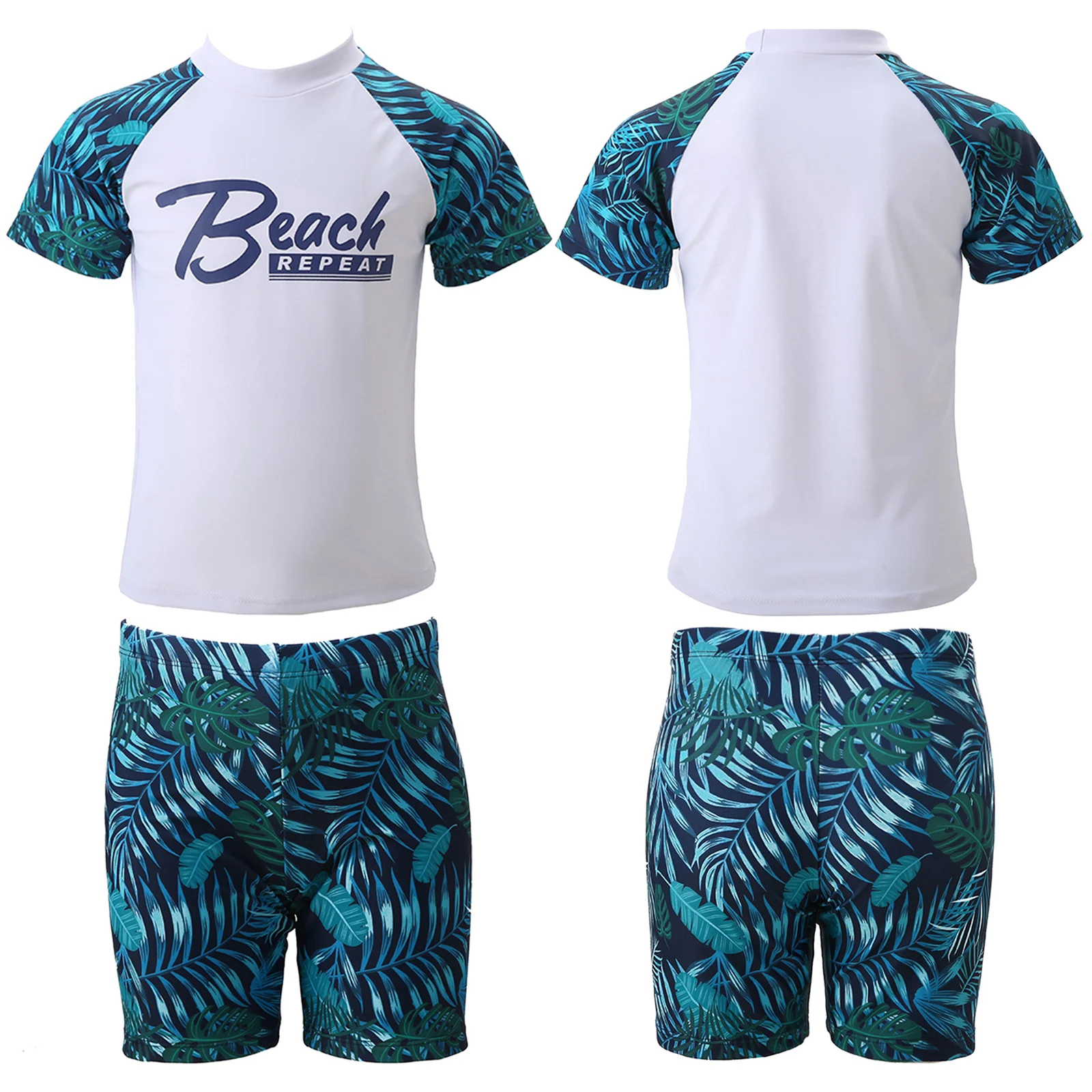 Kids Boys Summer Two Piece Swimsuit Beachwear Bathing Suit Quick-Dry Short Sleeve Swim Tops with Elastic Waistband Trunks