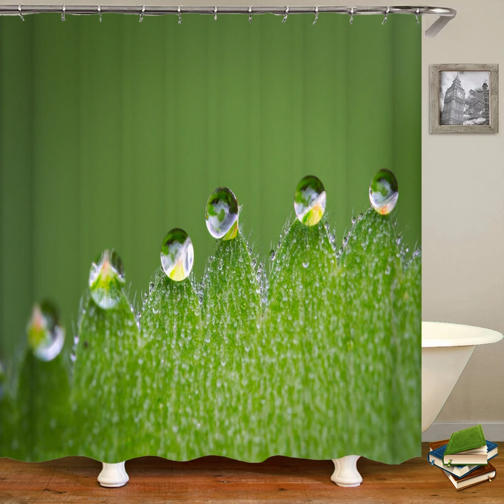

Bamboo Leaves Plant Teal Leaf Shower Curtain Water Droplet Insect Green Leaves Nature Pattern Waterproof Bathroom Bath Curtains