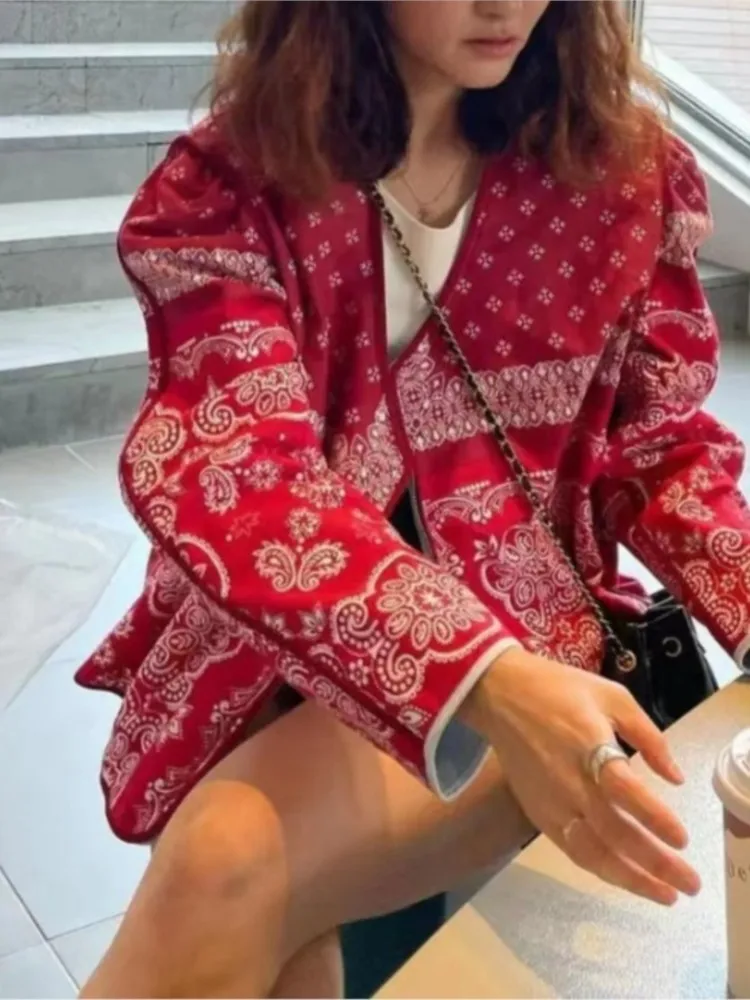

Vintage Flower Printed Cotton Jacket For Women Loose Long Sleeve Sweet Short Coat 2023 Autumn Casual Ladies High Streetwear