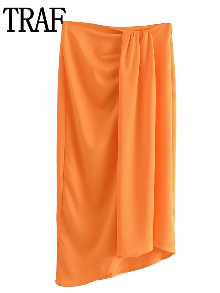 

TRAF Woman Skirts 2022 High Waist Long Skirts Women Pleated Slit Orange Midi Skirt Summer Wrap Skirt Fashion Split Elegant Skirt