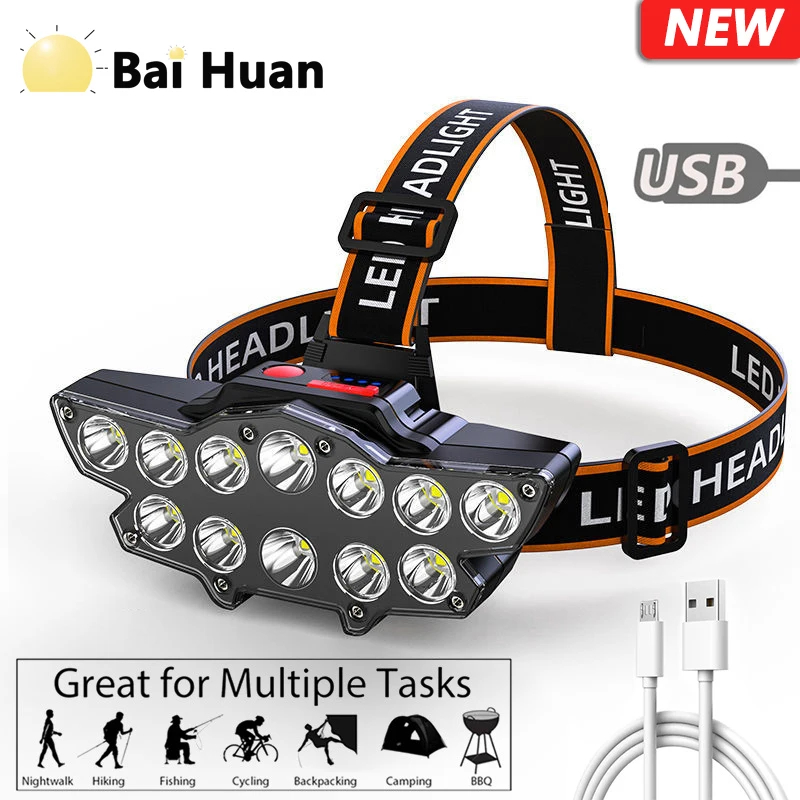 2023 New Headlight USB Rechargeable Headlight 12 LED Strong Bald Head Light Outdoor Fishing Flashlight Mine Light