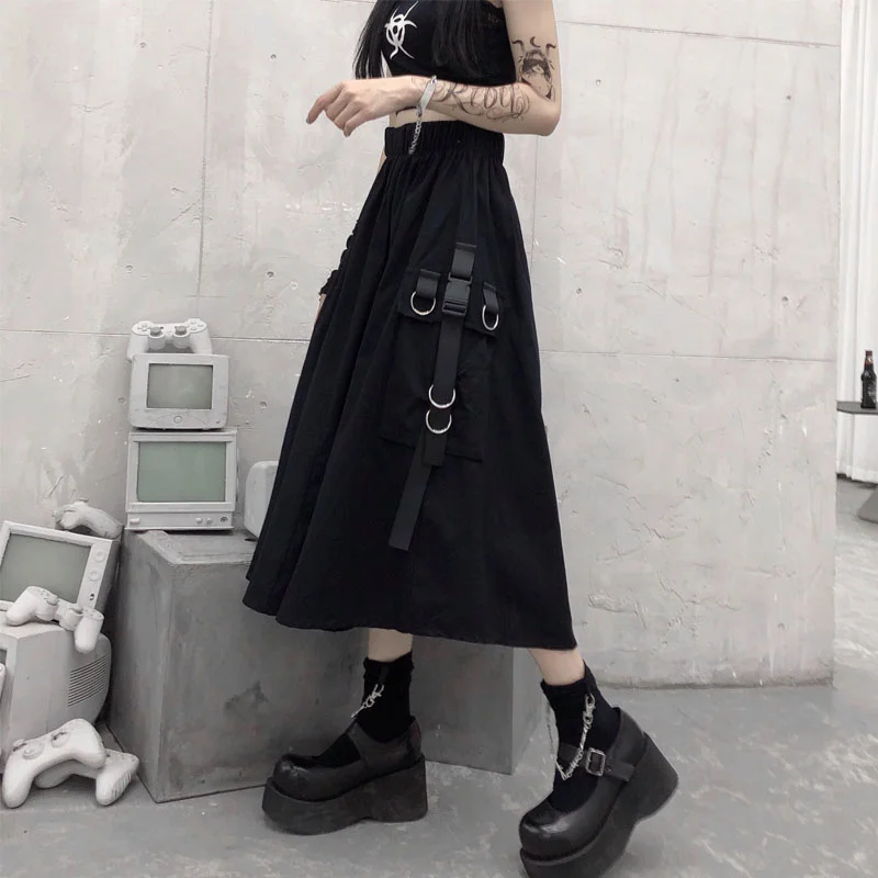 

Midi Long Black Skirt Hip Hop Fashion England Streetwear OverSized High Waist Skirts Woman Harajuku Loose A-line Pockets