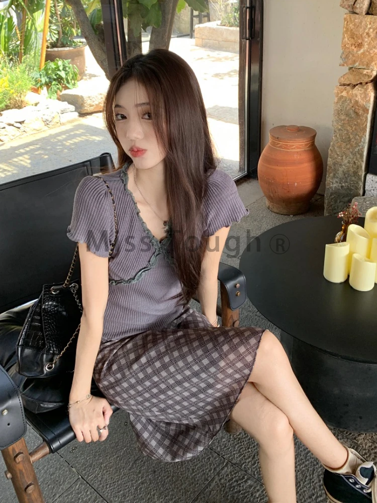 Женский клетчатый костюм из 2 предметов серый винтажный с завышенной талией и