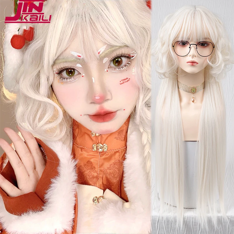 

JINKAILI 70cm Synthetic Long Wavy Curly Cosplay Wig With Bangs White Light Blonde Lolita Wig Women Halloween Cosplay Wigs Female